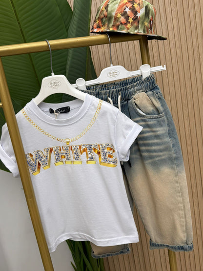 Shirt White written