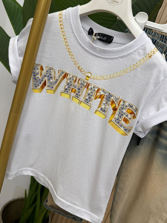 Shirt White written