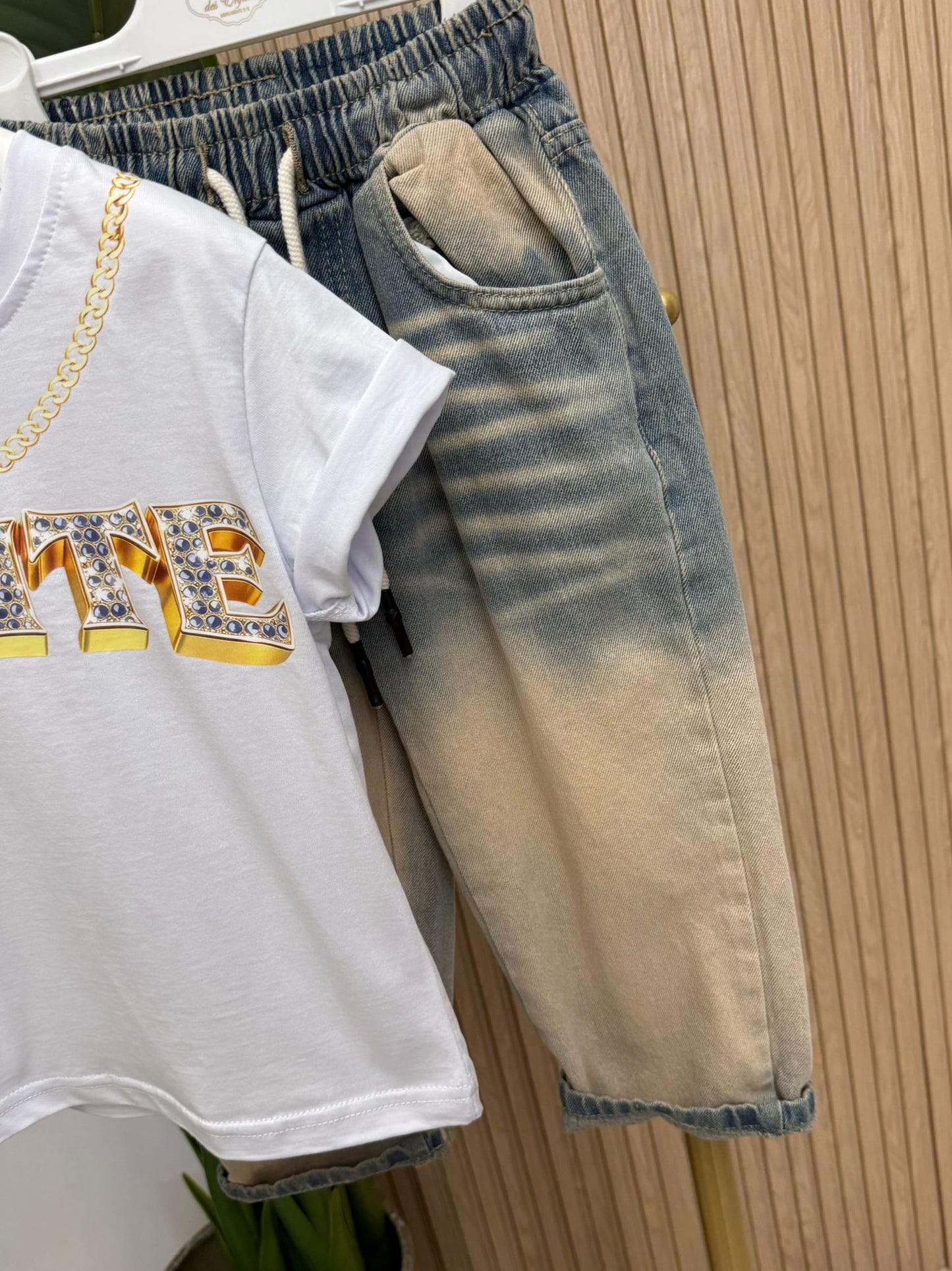 jeans White written